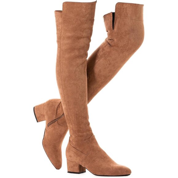 Women Brown\2 Ihch Suede Over the Knee Thigh High Chunky Block Heel Boots - Picture 1 of 6